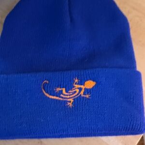 Vibrant Blue Kids Beanie with Orange Gecko. Very Thick, & Warm!